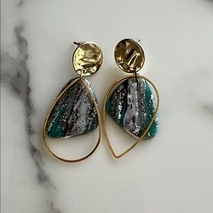 Artistic Gold and Teal Dangle Earrings